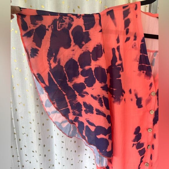 Chicme Sheer Orange Tie Dye Waterfall Sleeve Bohemian V Neck Button Down Blouse - Picture 3 of 7